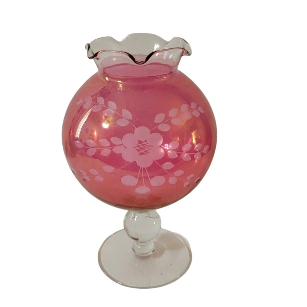 Vintage Cranberry Glass Etched Vase